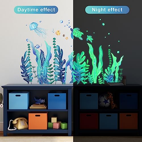 Tenare 5 Sheets Glow in The Dark Ocean Sea Turtle Wall Decals Stickers Under Sea Stickers Seaweed Grass Jellyfish Fish Removable Vinyl Decal for Bedroom Bathroom Baby Nursery Room Wall Decor(Green) - style: Green Glow Style