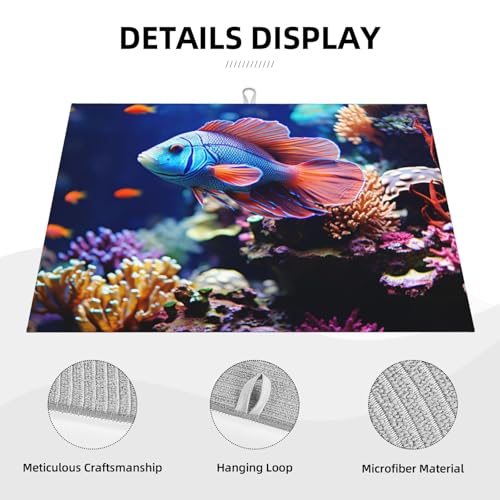 Dish Drying Mat for Kitchen Counter Super Absorbent Microfiber Kitchen Drying Mat Coral Reef Fish Aquarium Non-slip Drainer Mats Extra Large Dish Rack Pad Kitchen Accessories 18"x24"