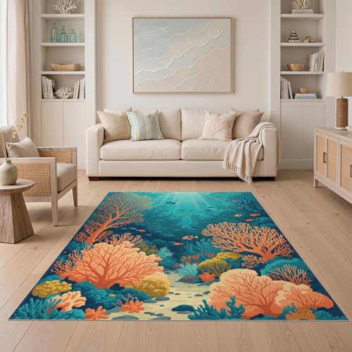 5'x7' Washable Contemporary Botanical Area Rug, Orange Flatwoven Floor Covering Non-Slip Chair-Friendly Carpet for Dining Room, Under Table, Home Office | Ref:1993995 - color: Blue/Pattern 42, size: 5' x 7' (Rectangular)