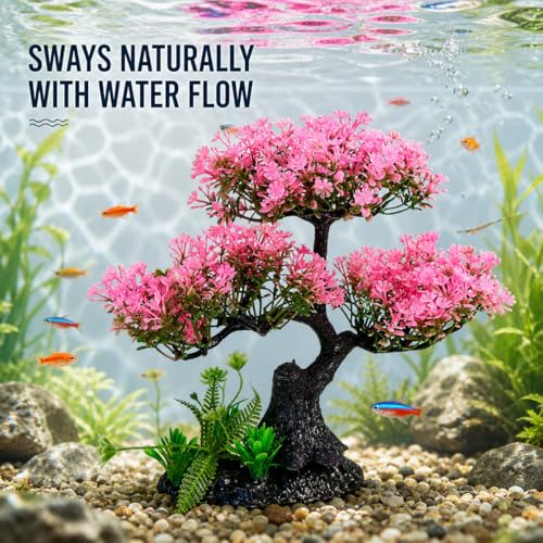 Cabilock Pink Cherry Blossom Aquarium Decor, 12.2 Inch Artificial Sakura Tree Fish Tank Plant with Stable Base, Realistic Plastic Aquarium Ornament for Betta, Goldfish, Turtle Tank Accessories, 4PCS