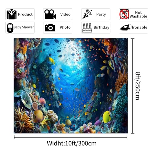 Under The Sea Backdrop 10x8ft Blue Ocean Underwater World Photo Backdrop Tropical Fish Coral Reef Banner for Kids Birthday Theme Party Portrait Decoration Photo Booth Studio Prop - color: Ocean-5