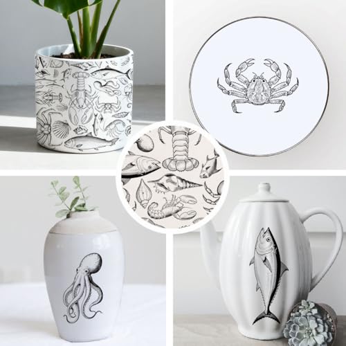 SUPERDANT 4PCS Marine Life Underglaze Paper Transfer Lobster Fish Crab Transfer Papers for Clay Ceramic Porcelain Under Glaze Transfers for Pottery Enamel Decals Black Decal Handcrafted Gifts - style: Marine Life