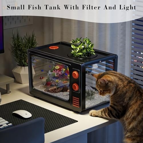 2.5 Gallon Fish Tank Kit with LED Lights, Filter & Plant Planter - Retro TV Decorative Fish Tank for Office Desk Home Decor,Mini Aquarium Starter Kit for Betta Fish (Black - 2.5 Gallon) - color: Black - 2.5 gallon
