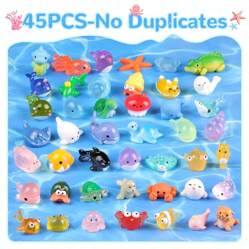 45PCS Mini Resin Animals Tiny Cute Ocean Figurines, Miniature Sea Figures to Hide, Little Animal Small Accessories for Topper Desk Garden Dollhouse Landscape Aquarium Ornaments Crafts & Decor - color: Sea Animals-45pcs