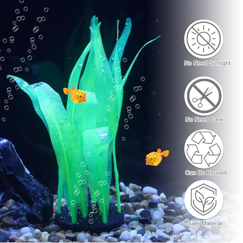 Aquarium Glowing Kelp Plant, Soft Silicone Glowing Fish Tank Decorations, Fluorescence Coral Decor for Aquarium Decor Green 2pcs
