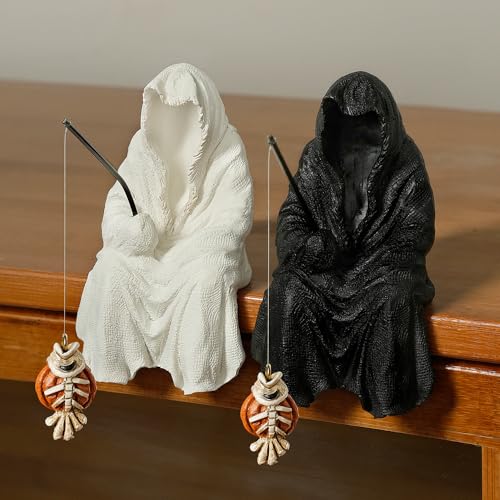 Fishing Sitting Statue Gothic Robe, Halloween Fish Tank Decor, Halloween Statue for Outdoor Garden Yard Lawn Shelf Table and Desktop (Black) - color: Black