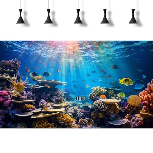 Ocean Fish Tank Background Underwater Coral Reef Aquarium Background Under The Sea Terrarium Backgrounds Cave Sunlight Fish Tank Backdrop Tropical Fish Aquarium Backdrop Backgrounds 24x12in - color: Blue, size: 24(W)x12(H)inches/ 60(W)*30cm(H)