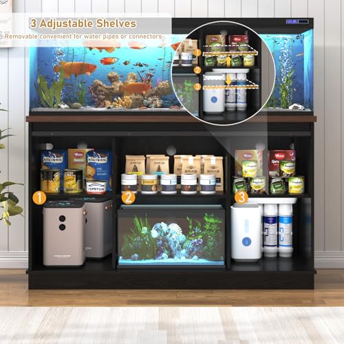 Hlivelood Farmhouse 55-75 Gallon Fish Tank Stand with Power Outlet, Aquarium Stand w/Cabinet&Sliding Barn Door, Heavy Duty Reptile Tank Stand for Fish/Turtle/Reptile Terrarium, 1000LB Capacity, Black - color: Black, size: 55-75 Gallon