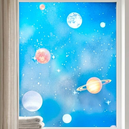 Blue Window Privacy Film Stained Glass Sliding Door Cling Decorative Galaxy Planet Static Tint UV Blocking Non-Adhesive Covering Stickers Cover Decal for Kids Bedroom,17.5x78.7in. - color: Galaxy Blue, size: 17.5''x78.7''