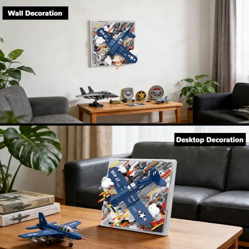 Military Plane 3D Wall Art Micro Mini Building Blocks Set, WW2 F4U Fighter Jet Wall Decor or Table Display, No Compatible with Lego, Great Army Airplane Toy Gift for Adults Teens 14+ (1674 PCS) - style: F4U Military Plane