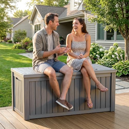 ROJIK 150 Gallon Outdoor Storage Box Waterproof,Weatherproof Deck Boxes Outdoor Lockable,Resin Outside Storage Box for Garden Tools,Cushions,Pool Accessories(Grey,150 Gal) - color: Grey, size: 150 Gallon