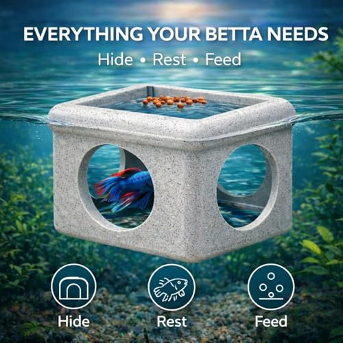 CPLIKE Marble Floating Betta Fish Hideout with Viewing Window & Round Holes – Floating Cave Hammock, Feeding Platform & Rest Tunnel – Betta Fish Shelter for Nano Tanks, Bowls & Small Aquariums - color: C: Grey