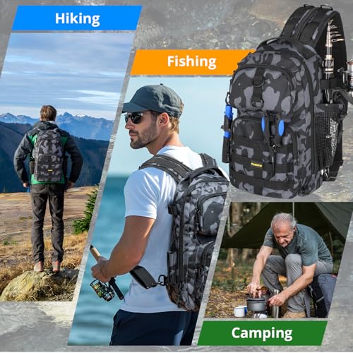 PLUSINNO Fishing Backpack with Tackle Boxes, Waterproof Fishing Sling Tackle Bag For Fishing Gear With Rod Holder, Fishing Gifts for Men With Fishing lures, Fishing pliers. - color: Black Fishing Backpack With Fishing Tools