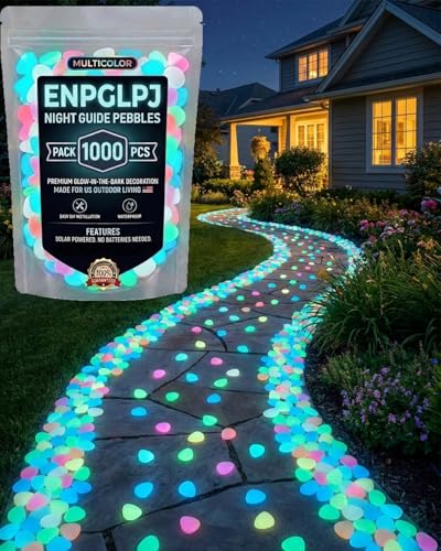 Colorful Glow in the Dark Garden Stones Night Guide Pebbles Luminous Rocks Outdoor Pathway Walkway Yard Patio Fish Tank Aquarium Stepping Decor Landscape Waterproof Solar Magical - color: Multi, size: 1000pcss
