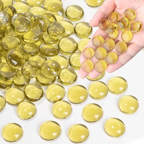Glass Marbles, 0.97 LB Transparent and Smooth Flat Glass Beads for Vases, Mosaic Gem Pebbles for Aquarium Decor, Floral Arrangements, Mancala Stones, Vase Filler and Crafts, Yellow - color: Yellow
