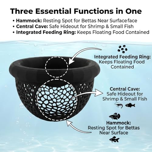 2PCS Floating Betta Hammock Hide & Shrimp Cave, 3D Printed PLA Aquarium Decor Shelter with Built-in Feeding Ring Opening, Safe Resting Spot for Betta, Shrimp & Small Fish (2 Sizes)