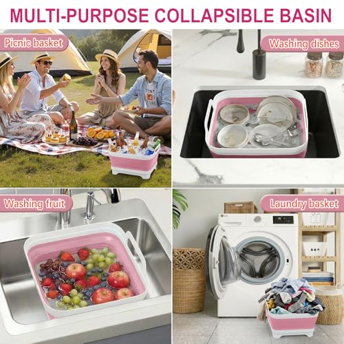 Collapsible Wash Basin for Baby Bottles with Drying Rack – 2.4 Gallon Foldable Dish Tub with Handles, Portable RV Camping Sink & Space-Saving Wash Bin with Lid for Kitchen, Travel & Outdoor, Pink - color: Pink