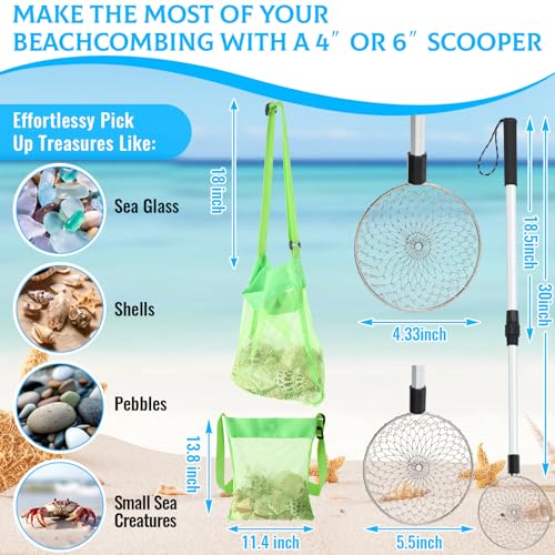 Roshtia 2 Pack Beach Sand Sifter Scoop with Seashell Bags, 18.5"- 30" Adiustable Shark Tooth Sifter Long Handle Sand Digger Scooper for Shell & Shark Tooth Collect Tool Toy for Adult Kid(Pink, Green) - color: Pink, Green, size: 18.5-30 Inch, style: Scoop