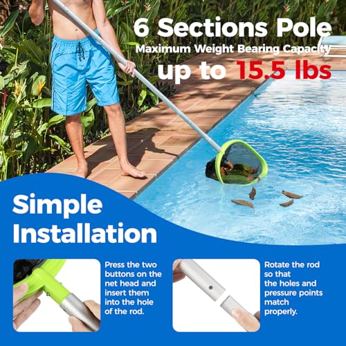 Mowend 【Upgrade】 Pool Net Total Length 6 Feet, Swimming Pool Skimmer Net with 6 Section Telescopic Aluminum Pole for Fast Cleaning Ponds, Hot Tub, and Spas, Pool Cleaner Supplies and Accessories - color: Green, size: Total Length 6 Feet-Thicker Frame