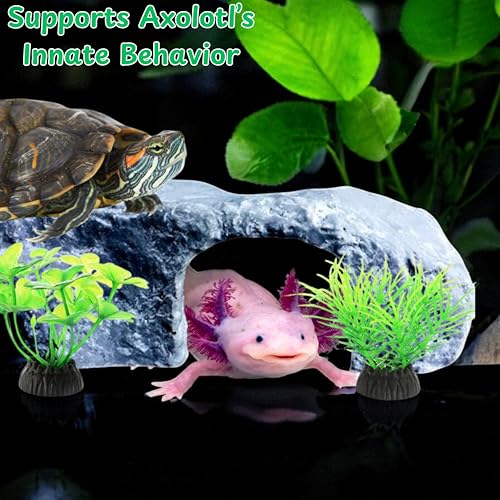 Axolotl Tank Accessories - Aquarium Tortoise Hideout, Hides and Fake Water Plants Set, Cave Plastic Tree, Turtle Hideout, Fish Tank Decor (Stone, M) - color: Stone
