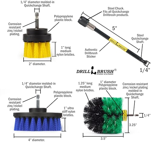 Drillbrush Shower Scrubber Drill Attachment - Car Detailing Tools - Dishwasher Safe Drill Brush Scrubber For Cleaning Tubs, Sinks, Tile, Grout, Flooring, Carpet, Leather, Seats, Boats, Kitchens, Ovens - color: Yellow, Green, Blue
