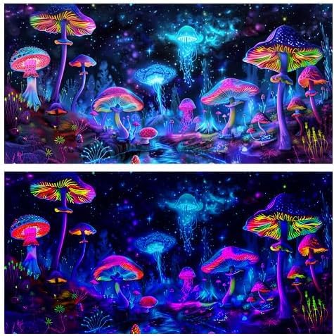 48X20IN Blacklight Mushroom Jellyfish Aquarium Background UV Reactive Background Starry Sky Terrarium Background with 10 EVA Double-Sided Tape - size: 48X20in/120X50cm
