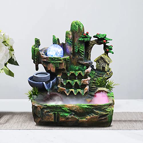Indoor Rockery Waterfountain, Desktop Fountain Waterfall with 3-Color LED, Atomizing Humidifier and Rotating Ice Crack Ball, Ideal Decor for Study Tea House Restaurant Office Living Room (A) - size: A
