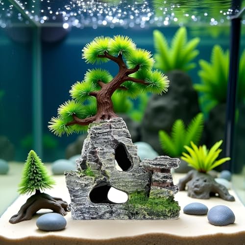 Resin Aquarium Mountain Decor with Moss Rock Cave - Multi-Level Terrain for Fish Tank Landscaping, Natural-Looking Rockery Design with Hidden Cave and Crevices for Shrimp, Reptile Habitat Aquascaping