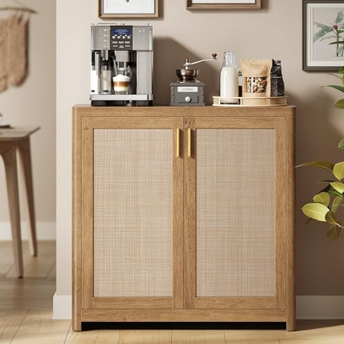 VASAGLE ELLAN Collection - Boho Buffet Cabinet with Rattan-Look Doors, Sideboard Storage Cabinet, Rounded Corners, Adjustable Shelf, for Kitchen, Natural Brown UBBK345KC01 - color: Natural Brown (Without Drawer), size: 1 Pcs