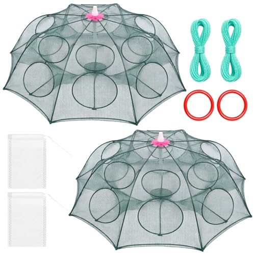 2 Pack Crawfish Traps 8-Sided 16-Entrance Fishing Net Foldable Fishing Bait Trap Cast Net Cage with Pull Rope, Bait Bag & Floating Ring for Catching Minnow Fish Crayfish Shrimp Crab Lobster