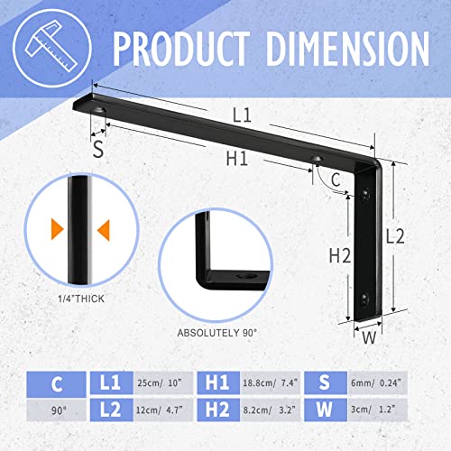 CLT Black Shelf Bracket, 10” X 4.7” Quarter Inch (1/4") Thick- Max Load: 440 lb Rustic Industrial Modern Farmhouse Heavy Duty Cold Rolled Steel Bracket for DIY Table Bench, Pack of 4 - size: 10 inches, style: Black L Bracket