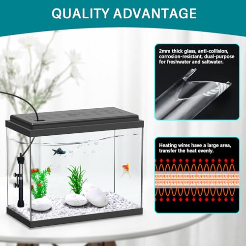 hygger ETL Certification Aquarium Heater, 50W/100W/200W/300W Submersible Fish Tank Thermostat Heater with Firm Double Pair Suction Cups for Coral Saltwater and Freshwater Tank with Thermometer (100W) - size: 100W