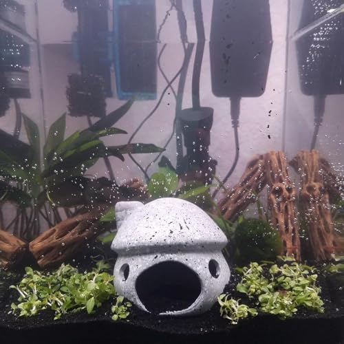 Aquarium Decorations Ceramic Mushroom House for Fish Tank Landscape to Small Shrimp/Goldfishes Hiding Rest and Breed (Grey)
