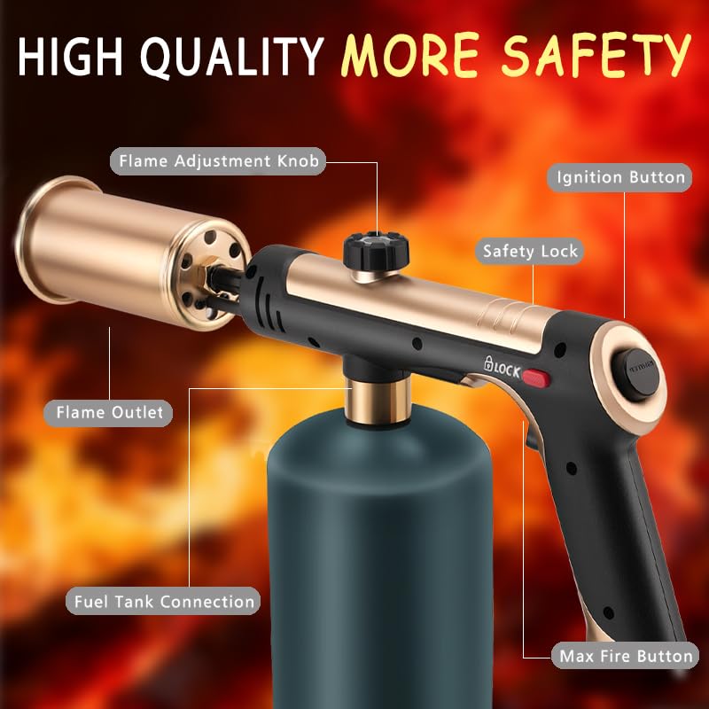 Powerful Propane Torch Gun, Kitchen Torch With Adjustable Flame, Flamethrower Blow Torch for BBQ, Campfire, Searing Steak, Camping (Propane Tank Not Included)-Golden - color: Golden