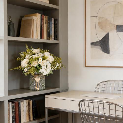 Kimura's Cabin Artificial Flowers with Vase Silk Peonies in Vase Fake Flowers with Vase Faux Flower for Office Home Table Centerpiece Bathroom Arrangement Decorations(White)