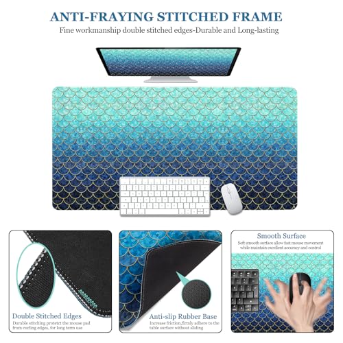 Desk Mat, Desk Matt for Desktop, DeskPad Mat, XXL Large Mouse Pad for Desks, Anti-Slip Big Mousepad with Stitched Edges, Keyboard Mouse Mat for Computer, Work, Office, Game, Home, Blue Mermaid - color: Ombre Blue Mermaid, size: 31.5" x 15.7"