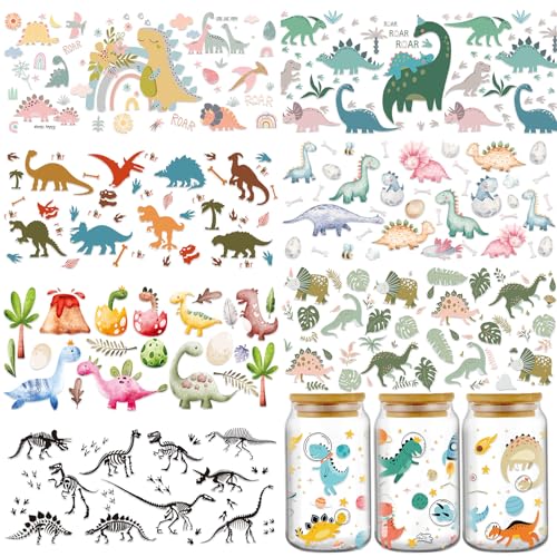 Rngmsi UV DTF Cup Wraps - 8 Sheets Dinosaur UV DTF Wraps for 16 oz Glass Cups DIY Wood Crafts Water Bottle - style: Dinosaur