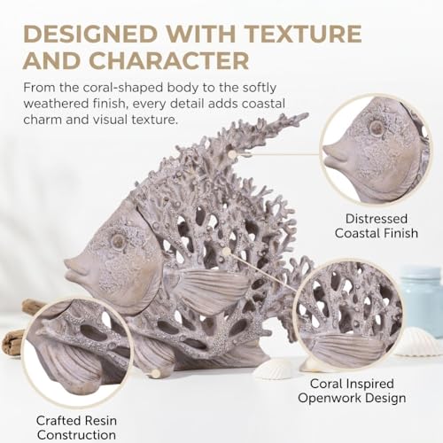 7.28'' Ocean Coral Fish Sculpture - Resin Coastal Fish Figurine with Coral Backdrop, Ocean Blue & Sandy Beige Finish - Nautical Tabletop Accent for Living Room, Beach House & Bathroom Decor - color: Antique White, size: Small