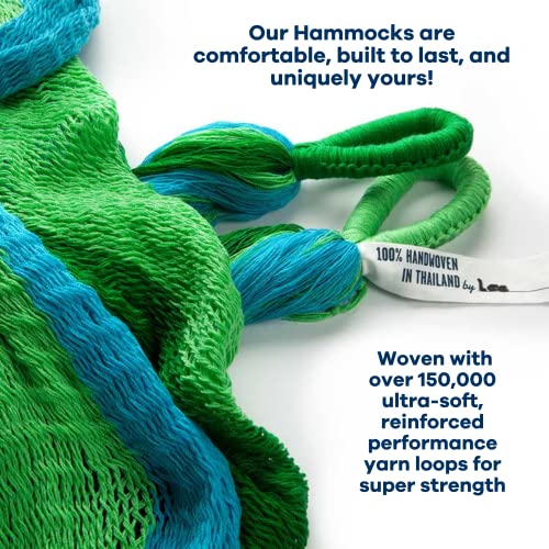 Handwoven Hammock by Yellow Leaf Hammocks - Double Size, Fits 1-2 PPL, 400lb max - Weathersafe, Super Strong, Easy to Hang, Ultra Soft, Artisan Made - Color: Blue - Green - color: Lanta- Blue and Green, size: Fits 1-2 People (400 lb. Capacity)