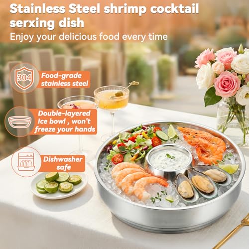 Shrimp Cocktail Serving Dish Chilled Serving Tray for Parties with Ice Bowl Stainless Steel Platter Charcuterie Servings Board Cold Dish for Shrimp Seafood Fruit Vegetable Buffet Restaurant