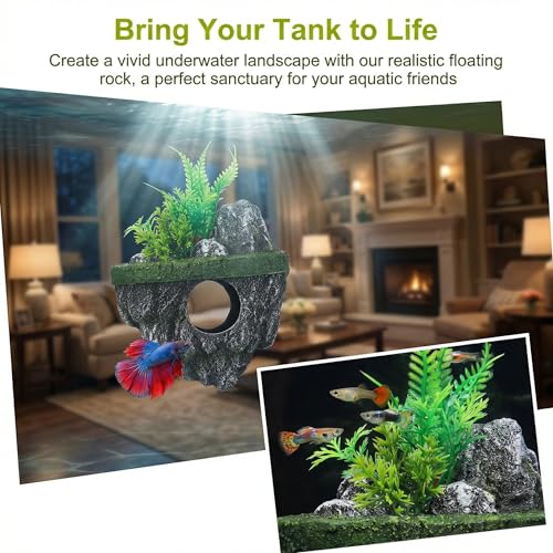 Homoyoyo Floating Aquarium Decor, Fish Tank Decorated Rock for Betta Fish Guppies Goldfish Shrimps Hermit Crabs Realistic Rock Tank Ornament with Hideaway Shelter Safe Resin Material 7.48X5.31X4.33In