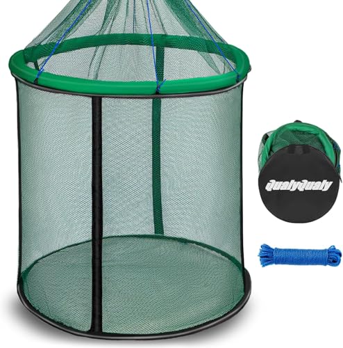 QualyQualy Floating Fish Basket 41/73 Gallons Extra Large for Live Caught, Fully Foldable Fishing Net Holder for Bait Live Well Collapsible Mesh Fishing Holder Cage - color: Green, size: 31.5*31.5*21.6IN (73 GAL)