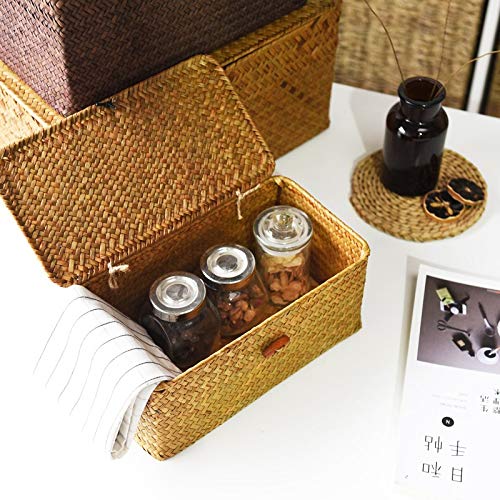 DOKOT Rectangular Handwoven Seagrass Small Storage Basket with Lid for Shelves and Home Organizer Bins,S (10.2"x5.5"x4.3"H), Natural - size: S (10.2"x5.5"x4.3"H)