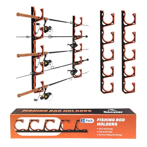 Gocozer Fishing Rod Holder for Garage, H5 Wall or Ceiling Mounted Fishing Pole Holders with Soft Protective Pad, Fishing Rod Storage Organizer, Horizontal Fishing Rod Wall Mount Nets Storage (2 PACK) - color: Black-2Pack