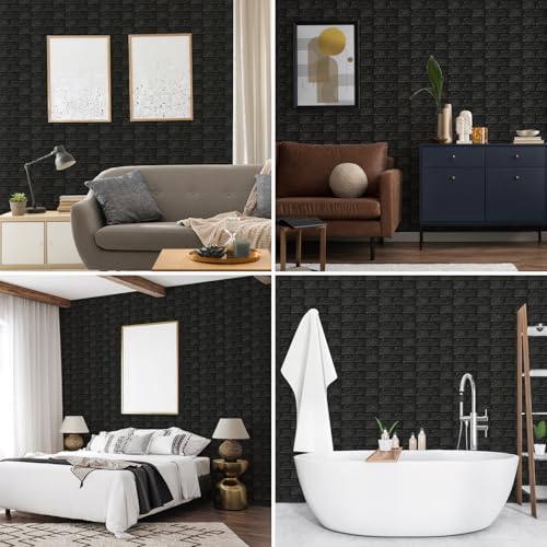 10 Pack 3D Wall Panels Peel and Stick, Waterproof Foam Stone 3D Wallpaper, Self Adhesive Foam Wallpaper for Bedroom Bathroom Kitchen (13.7 * 15.1in) - color: Black, size: 10 Pack