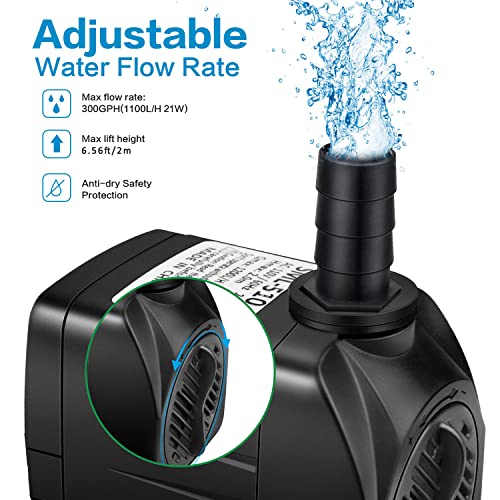 Jhua Water Fountain Pump 300GPH (1100L/H, 21W) Submersible Water Pump, Ultra Quiet Fountain Pumps Submersible Outdoor with 5.9ft Power Cord, 3 Nozzles for Aquarium, Tank, Pond, Statuary, Hydroponics
