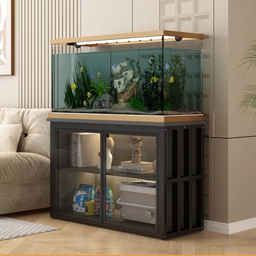 20 - 50 Gallon Fish Tank Stand, Metal Frame Aquarium Stand with Cabinet for Accessories Storage, Reptile Turtle Tank Stand for Home Office Black + Gray + Black 50x30×80cm - color: Black + Gray + Black, size: 50x30×80cm