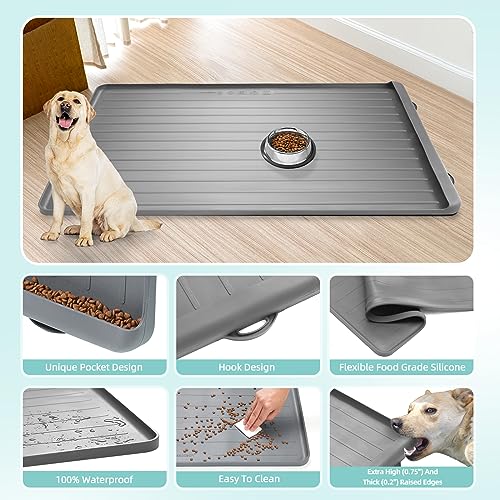 Dog Mat for Food and Water - 39.4" x 27" Large Pet Feeding Mats with Residue Collection Pocket - Waterproof Dog Cat Bowl Mat with High Edges to Prevent Water and Food Spills (Light Grey) - color: Light Grey