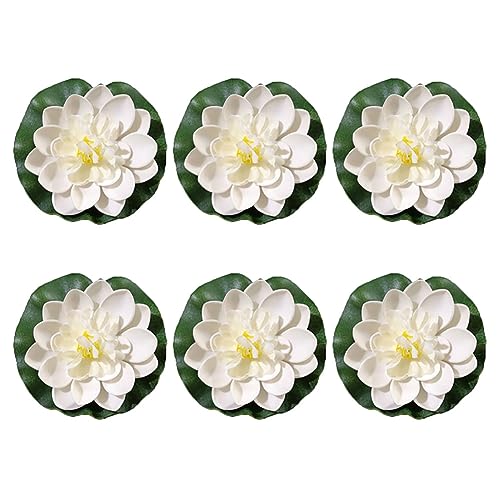 GSHLLO 6 Pcs Artificial Foam Lotus Faux Water Lily Flowers Floating Pond Plants Decoration Realistic Lotus Lily Pad Ornaments for Pool Aquarium White
