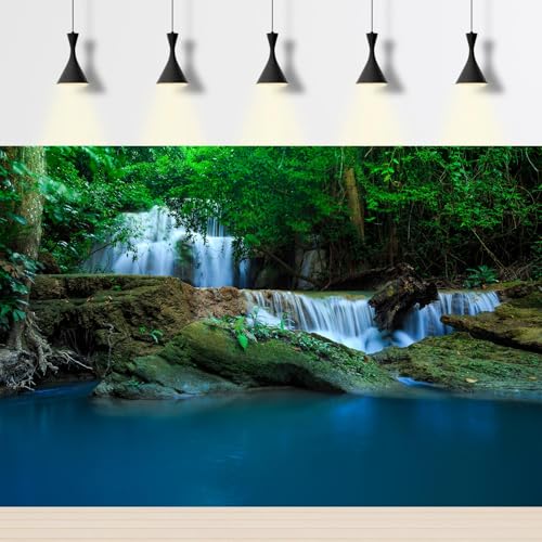 Cascading Waterfall Aquarium Background Jungle Forest Stream Terrarium Backgrounds Big Rocks Falls Green Trees Fish Tank Background Natural Waterfall Forest Reptile Tank Enclosure Backgrounds 24x12in - color: Dark Blue_Green, size: 24(W)x12(H)inches/ 60(W